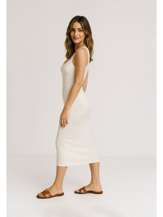 Nudyess Nudyess Letné šaty Tina midi z prążka Écru Fitted Fit