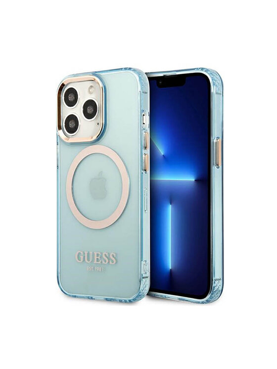 Etui na telefon Guess, Niebieskie, Gold Outline Translucent MagSafe