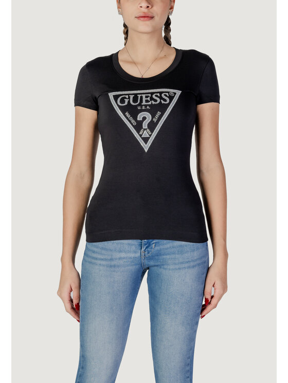 Guess T-krekls SS CN SHINY TRIANGLE Melns Shirt Fit