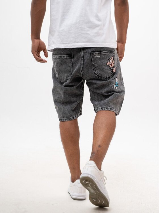 Smerfy Smerfy Szorty jeansowe Krótkie Spodenki Acid Sprane Gargamel Pocket XXL Szary Baggy Fit