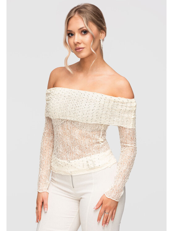 Ombre Ombre Bluzka OW-TS-E0038 Beżowy Slim Fit