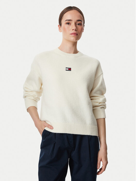 Tommy Jeans Pulover Fluffy Badge DW0DW23831 Alb Regular Fit