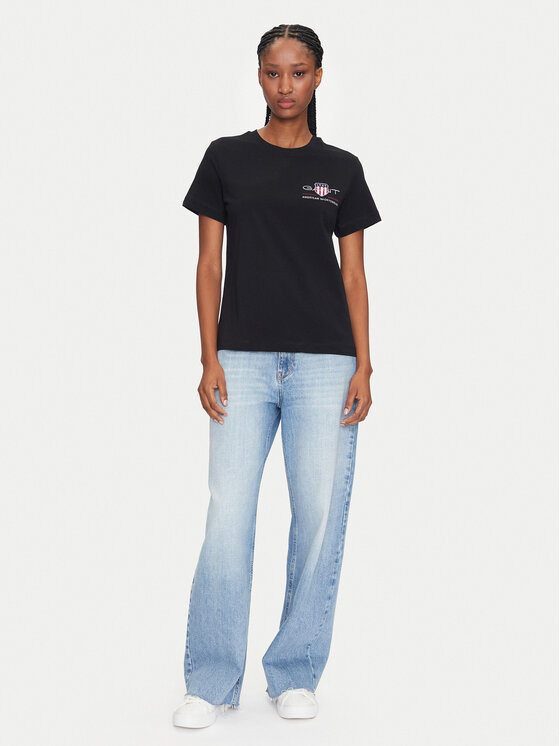 Gant Gant T-Shirt Bisiklet Yaka 4200277 Schwarz Regular Fit