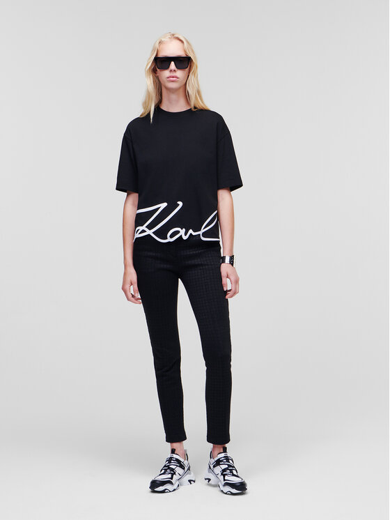 KARL LAGERFELD KARL LAGERFELD Tričko Signature Hem 226W1703 Čierna Relaxed Fit
