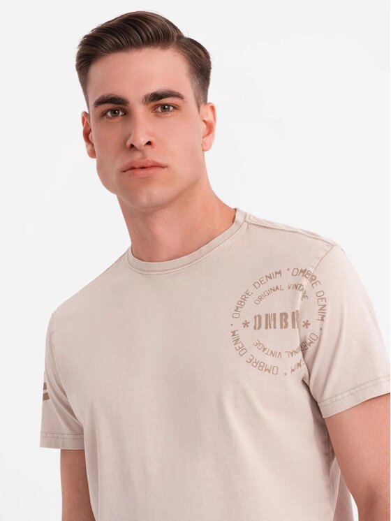 Ombre Ombre T-Shirt OM-TSWT-0202 Beżowy Regular Fit