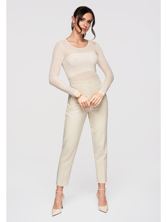 Ombre Ombre Bluzka OW-TS-E0016 Beżowy Slim Fit