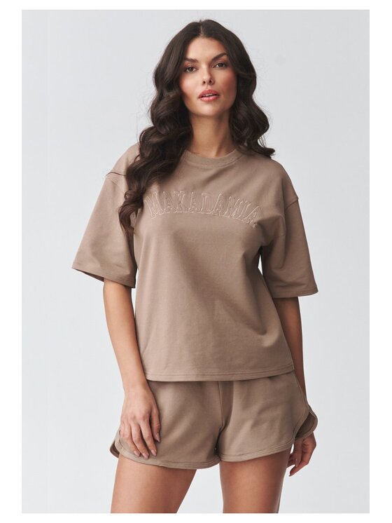 Makadamia Makadamia Komplet bluzka i szorty sportowe M918 Brązowy Loose Fit