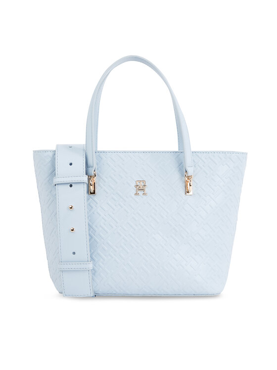 Geantă Tommy Hilfiger Th Refined Mini Tote Mono AW0AW16002 Albastru celest