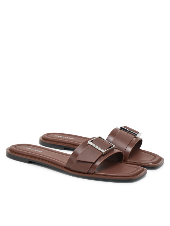 Calvin Klein Calvin Klein Natikači Flat Slide W/Buckle - Lth HW0HW02490 Rjava