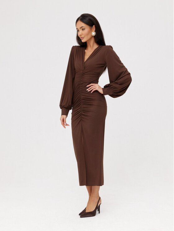 Roco Fashion Roco Fashion Sukienka koktajlowa Aureline Brązowy Slim Fit