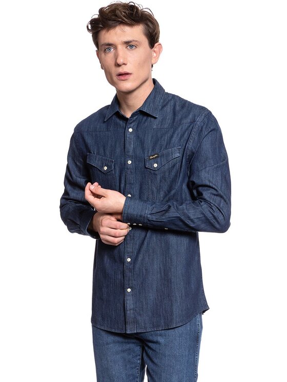 Wrangler Maglietta Western Uomo - Buffalo Indigo, Maniche Lunghe, 100% Cotone, Regular Fit