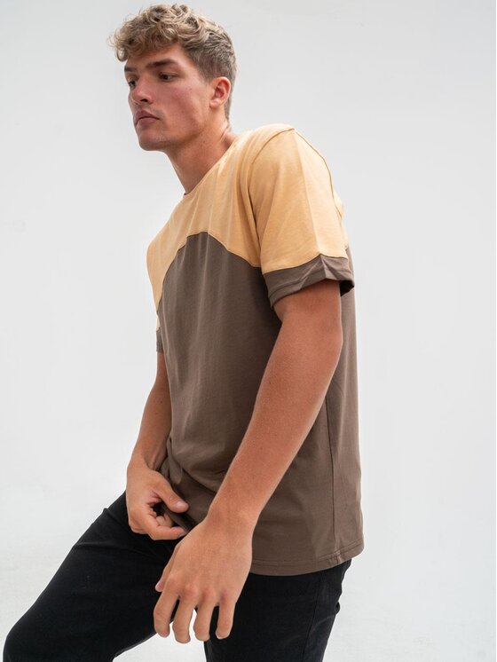 Good Luck Good Luck T-Shirt Koszulka Shoulder Pad dwukolorowa kawa mocha M Brązowy Regular Fit