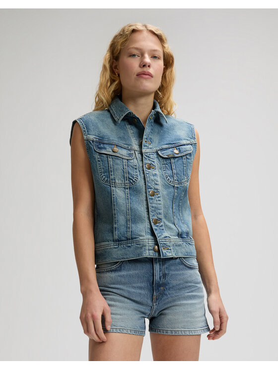 Lee Lee Kurtka jeansowa RIDER VEST Niebieski Relaxed Fit