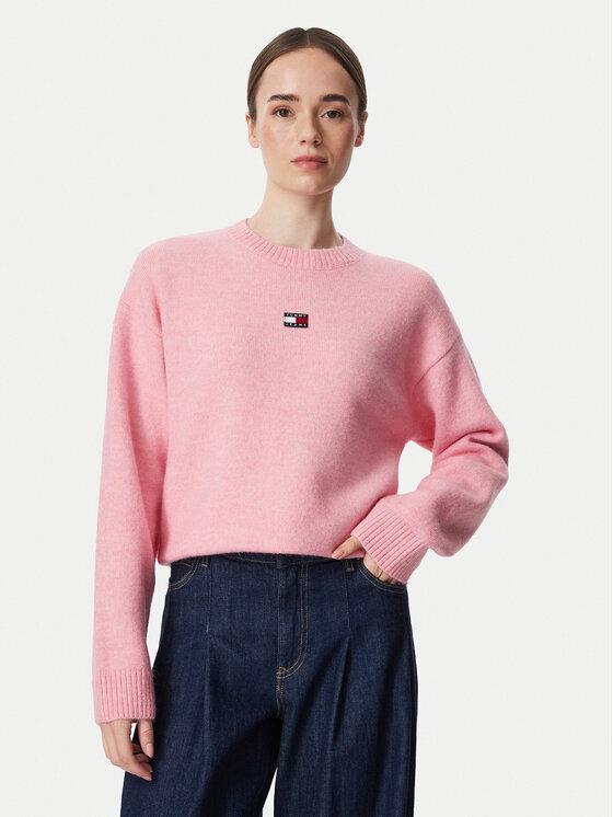Tommy Jeans Pulover Fluffy Badge DW0DW23831 Roz deschis Regular Fit