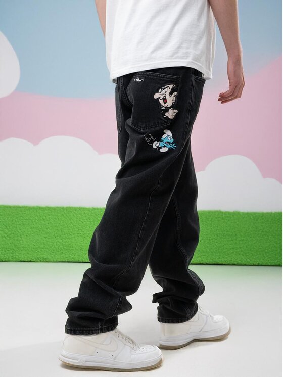 Smerfy Smerfy Jeansy Spodnie Jeansowe Baggy Męskie Czarne Smerfy Gargamel Pocket XXL Czarny Baggy Fit