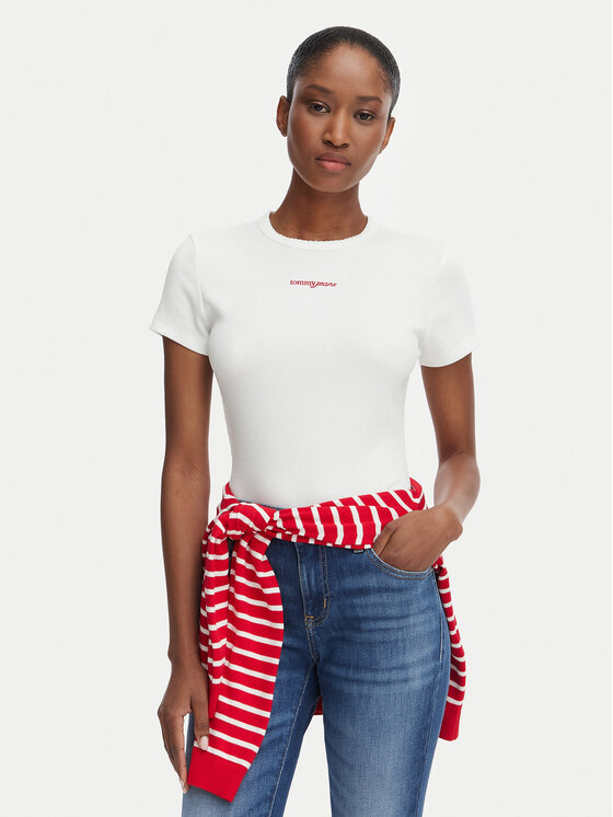 Tommy Jeans Tricou Script Rib DW0DW22809 Crem Slim Fit
