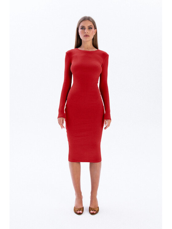 Nudyess Nudyess Vestito di maglia Eos midi z prążka Rosso Fitted Fit