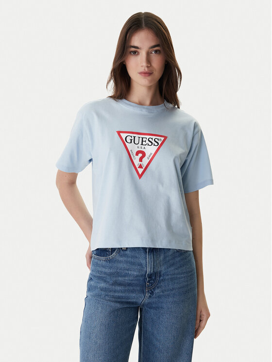 Guess Jeans Tricou W4YI73 K8HM0 Albastru celest Regular Fit