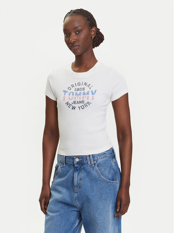 Tommy Jeans T-shirt DW0DW21421 Écru Slim Fit, taglia : XXS