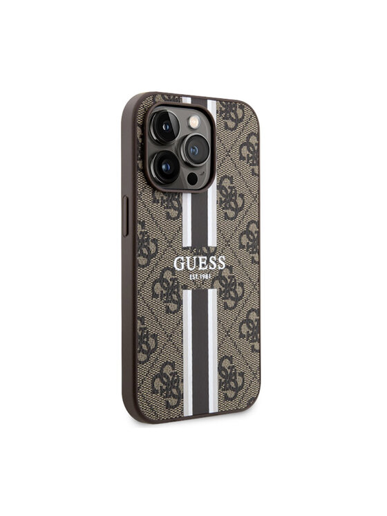 Guess Guess Etui na telefon 4G Printed Stripes MagSafe Brązowy