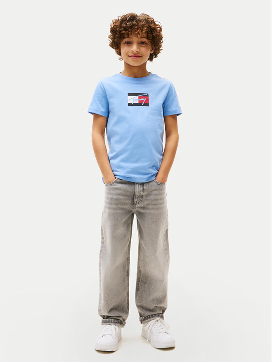 Tommy Hilfiger Tommy Hilfiger Tricou Script Flag KB0KB09725 Albastru celest Regular Fit