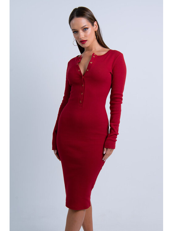 Nudyess Nudyess Sukienka dzianinowa Isla midi z prążka Czerwony Fitted Fit