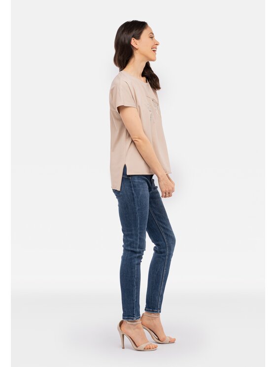 Perso Perso T-Shirt z błyszczącym nadrukiem Béžová Regular Fit