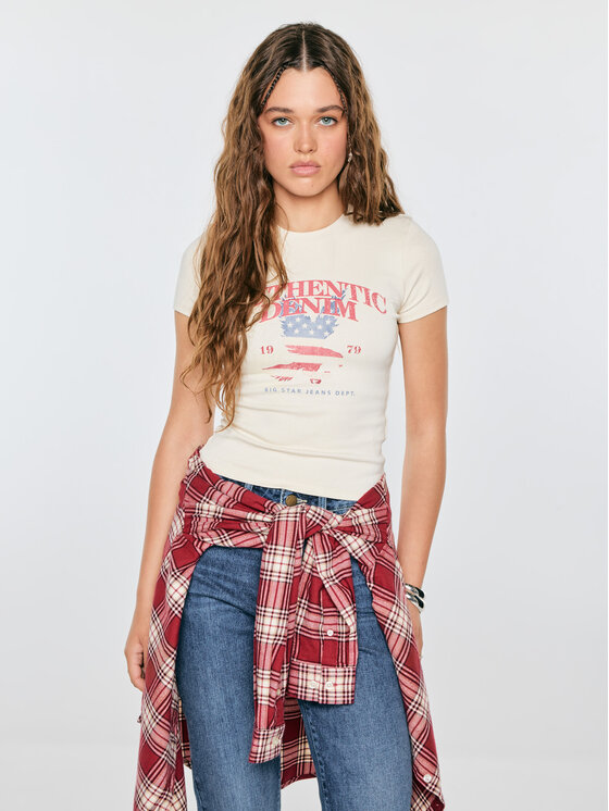 BIG STAR BIG STAR T-Shirt CALISA Kremowy Slim Fit