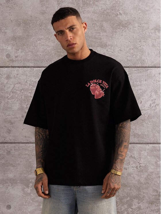Jigga Wear Jigga Wear T-Shirt Koszulka Z Krótkim Rękawem Oversize Męska Czarna Truskawki Dolce Vita M Czarny Oversize