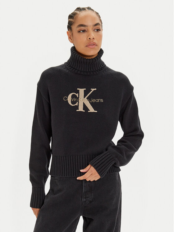 Calvin Klein Jeans Pull a col roule Chenille J20J224229 Noir Regular Fit Modivo