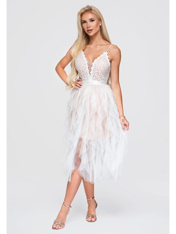 Ombre Ombre Sukienka wieczorowa LA-OM-DLR399 Biały Slim Fit