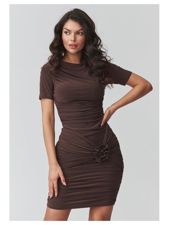 Makadamia Makadamia Sukienka codzienna M937 Brązowy Fitted Fit
