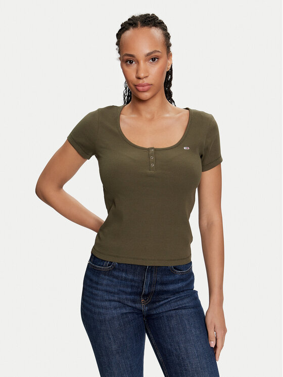 Tommy Jeans T-shirt Henley DW0DW18669 Cachi Slim Fit, taglia : XXS