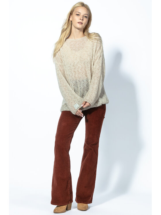 Fobya Fobya Sweter Sweter z wełny Baby Alpaka ażurowy F1731 Beżowy Basic Fit