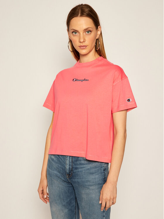 Champion T-Shirt Cropped Oversized Small Script Logo 113195 Różowy Custom Fit