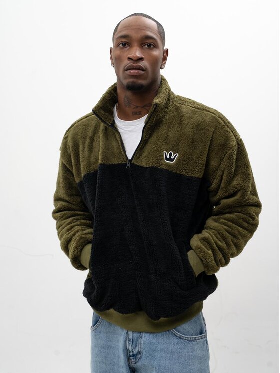 Jigga Wear Jigga Wear Bluza Sherpa Rozpinana Do Połowy Polarowa Miś Męska Oversize Czarna Oliwkowa Jigga Track M Khaki Regular Fit