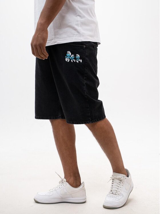 Smerfy Smerfy Szorty jeansowe Krótkie Spodenki Szerokie Luźne Gargamel Pocket M Czarny Baggy Fit