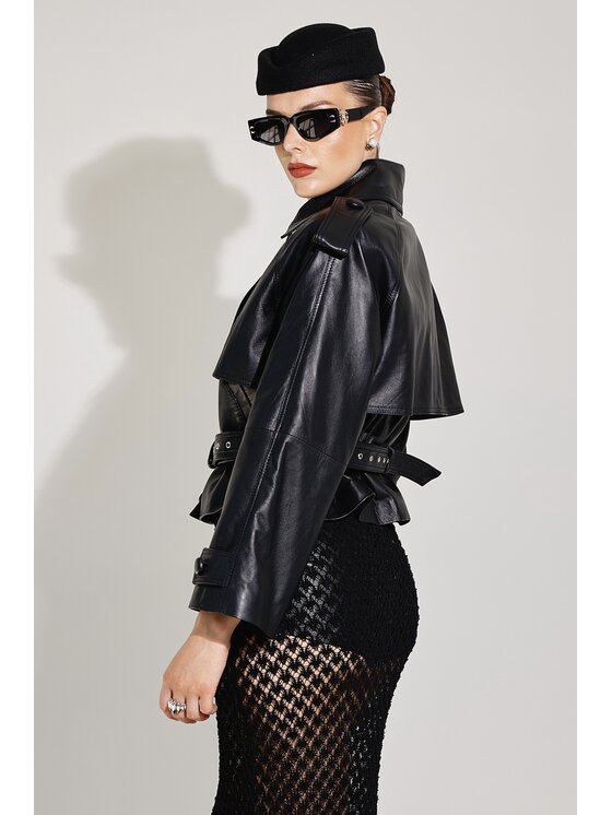 Mimika Mimika Kurtka skórzana lenny 2.0 krótki trench absolute black Czarny Oversize