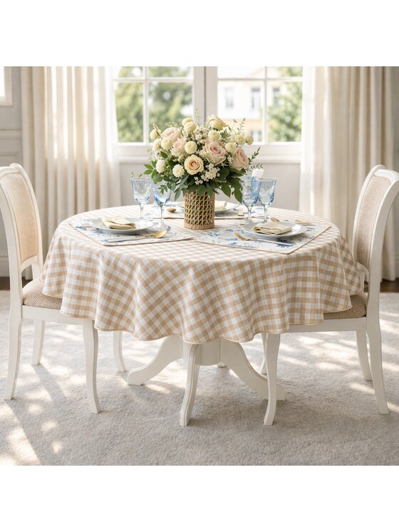 Roseberry Home Roseberry Home Obrus bawełniany w biało-beżową kratę Beige Gingham Beżowy