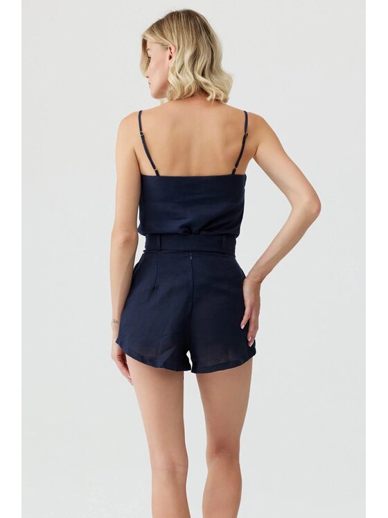 Lunedi Lunedi Top lniany z dekoltem V Granatowy Regular Fit