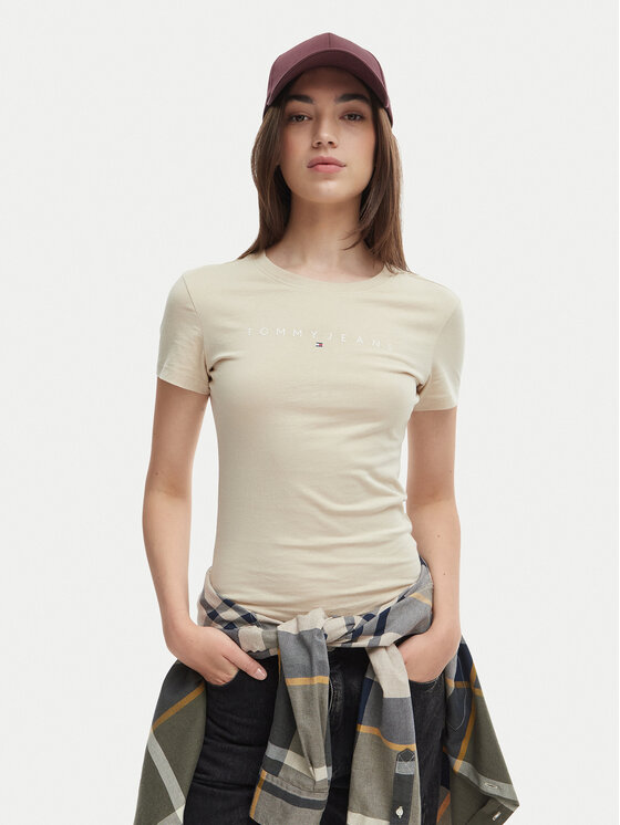 Tommy Jeans Tricou DW0DW18398 Bej deschis Slim Fit