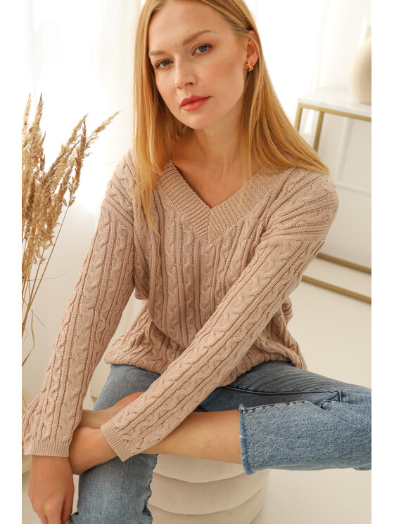 Entelier Entelier Sweter z dekoltem Beżowy Comfortable Fit