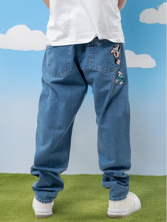 Smerfy Smerfy Jeansy Spodnie Jeansowe Baggy Męskie Jasne Niebieskie Smerfy Gargamel Pocket L Niebieski Baggy Fit