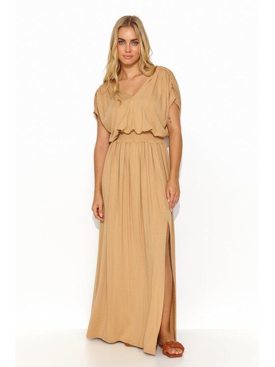 Makadamia Makadamia Sukienka codzienna M825 Beżowy Comfortable Fit