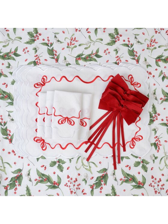 Roseberry Home Roseberry Home Podkładka na stół haftowana Red Christmas Bows Biały