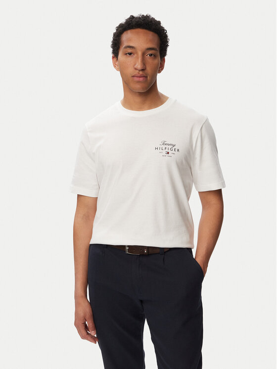 Tommy Hilfiger Tricou Script Stack MW0MW43224 Alb Regular Fit