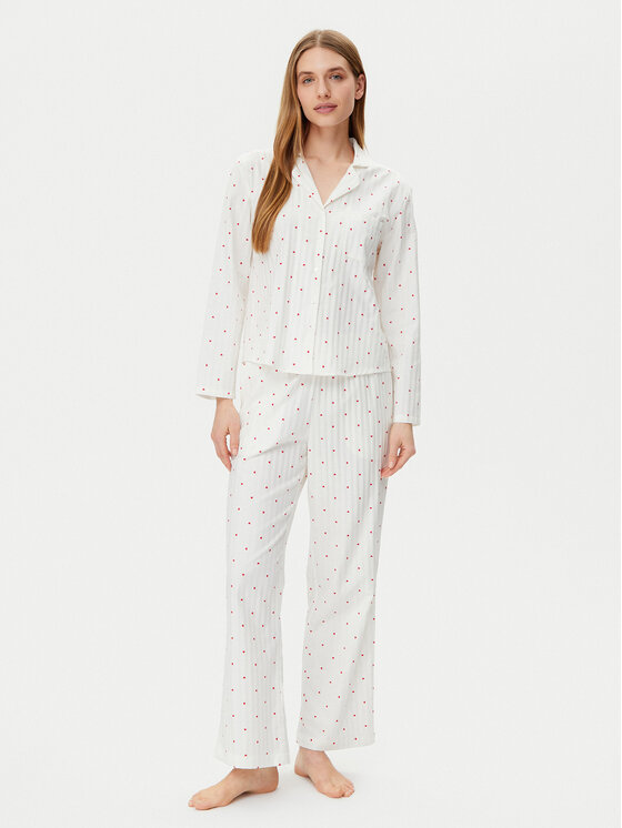 Hunkemöller Hunkemöller Μπλούζα πιτζάμας Jacquard Hearts 301436 Λευκό Relaxed Fit