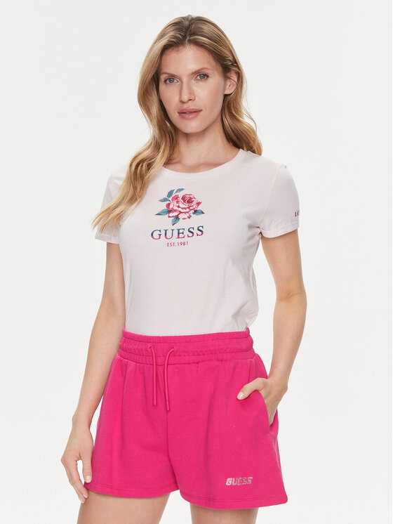 Guess T-shirt Ss Cn Glittery Rose W4RI37 JA914 Ružičasta Slim Fit