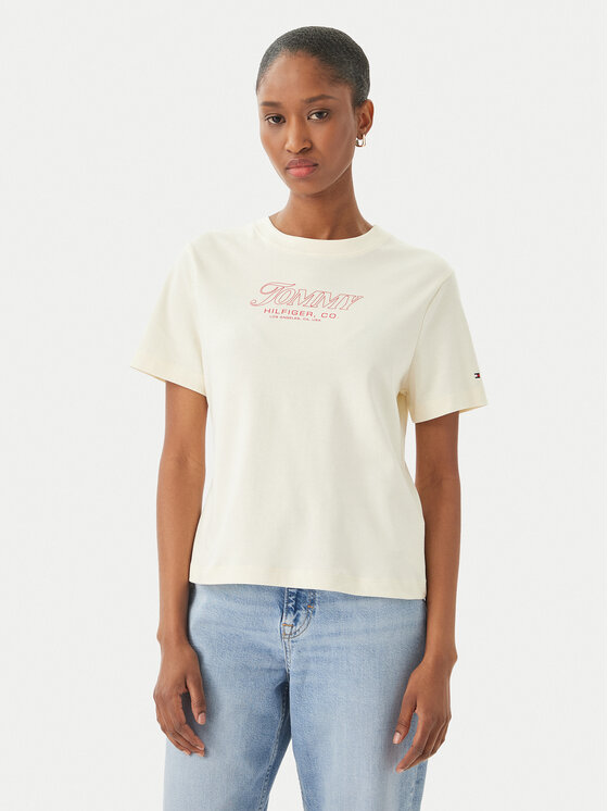 Tommy Hilfiger Tricou Logo Interlock WW0WW48707 Bej deschis Regular Fit