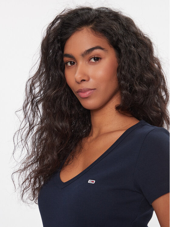 Tommy Jeans Tommy Jeans Marškinėliai Tjw Slim Essential Rib V Ss DW0DW17385 Tamsiai mėlyna Slim Fit